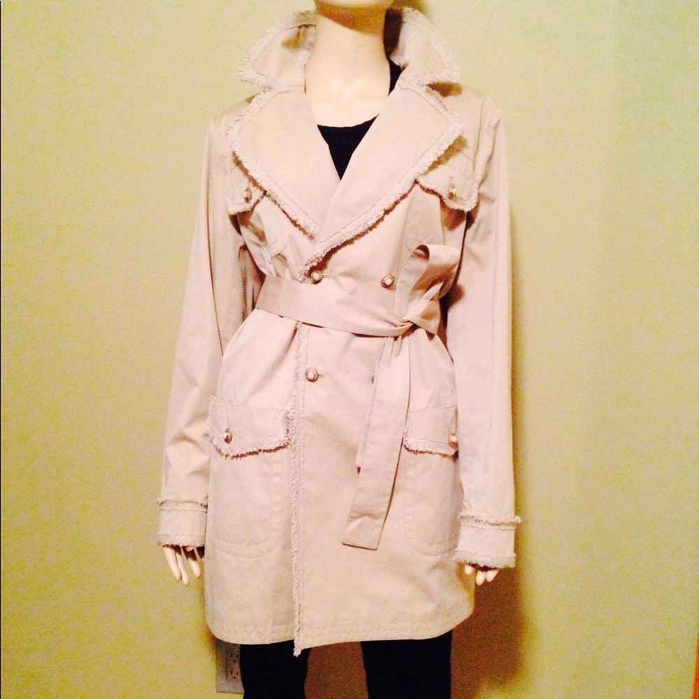 $$SOLD$$ CHANEL Beige Tweed Trim Trench Coat sz46 - Picture 1 of 8